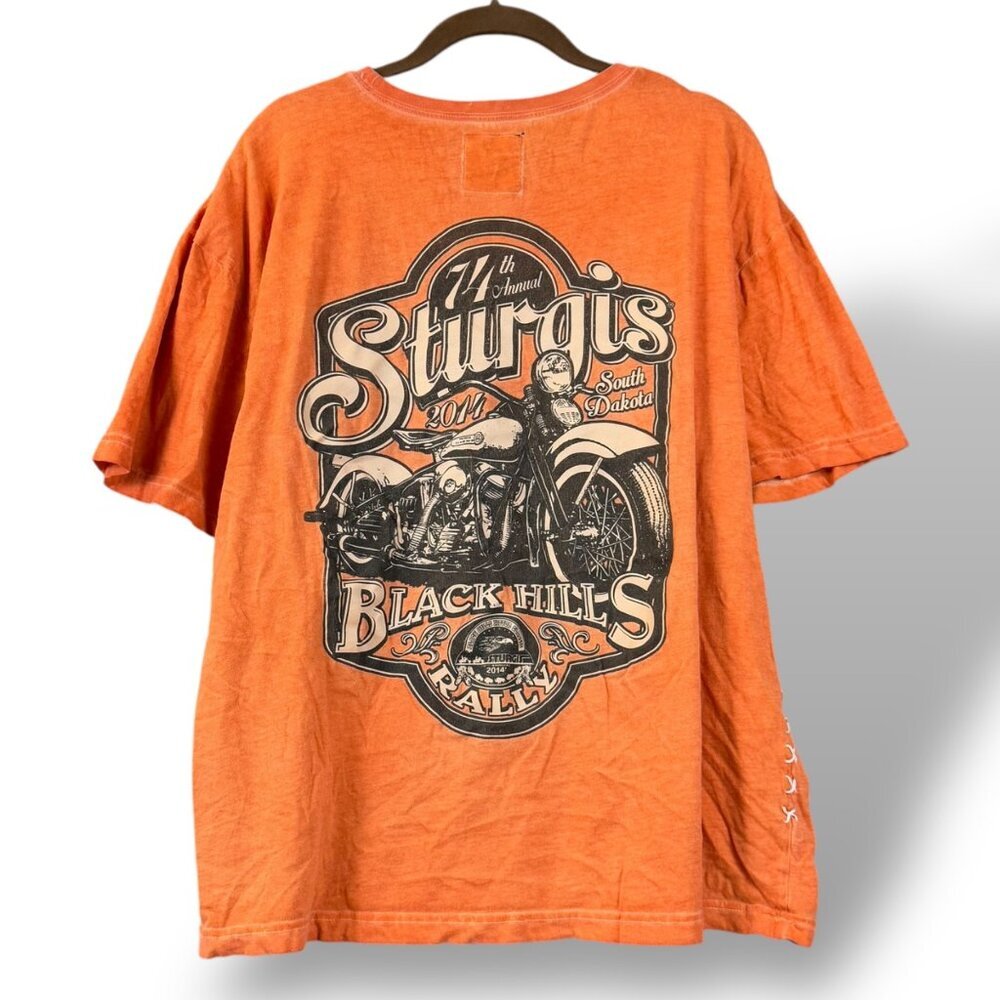 Sturgis Harley Davidson T-Shirt Womens Sz 2XL Orange Cross Stitch Detail 2014